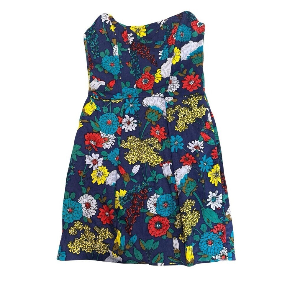 French Connection Blue Floral Strapless Corset Boned Bodice Pockets Dress Size 0
